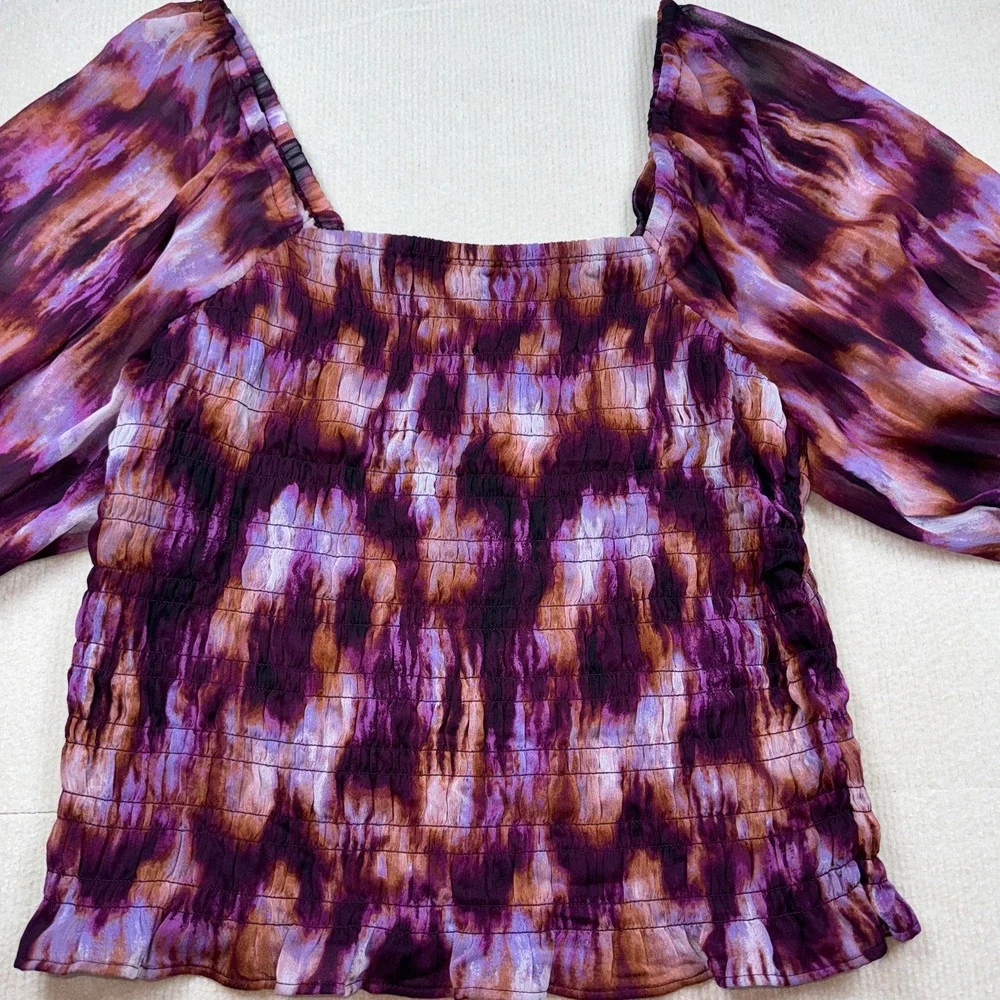 Old Navy Blouse Womens XL Purple Tie Dye Smocked Puff Sleeve Square Neck Boho‎